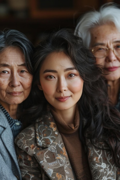 A family portrait in a living room showing the women of different generations with similar facial features and expressions