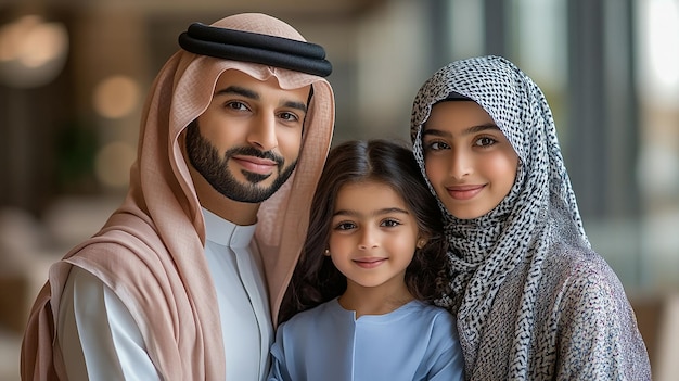 family portrait with a city in the background