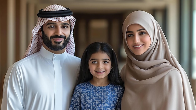 family portrait with a city in the background