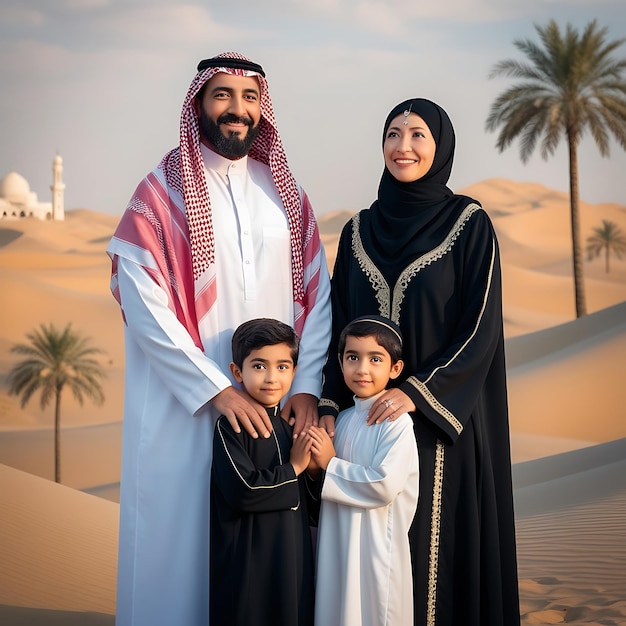 a family poses for a photo in the desert