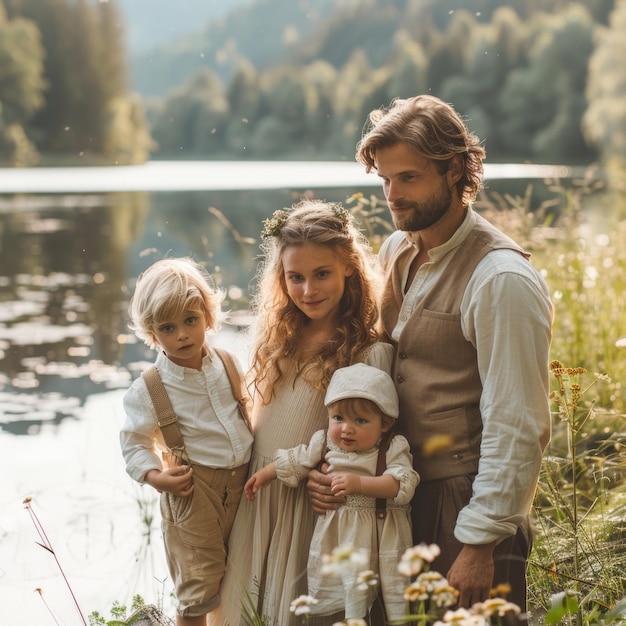 a family poses for a photo in front of a lake