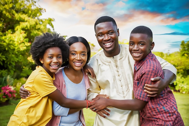 a family poses for a photo in the park