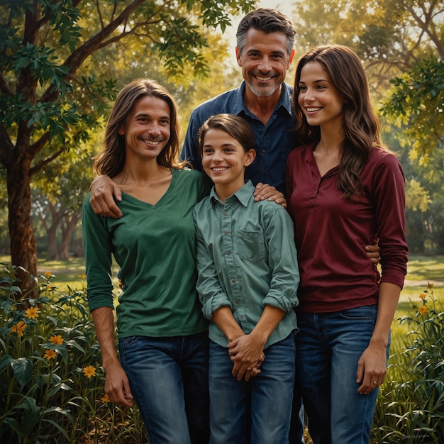 a family poses for a photo in the park