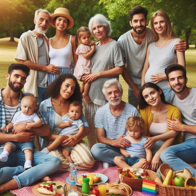 a family poses for a photo with a basket of food