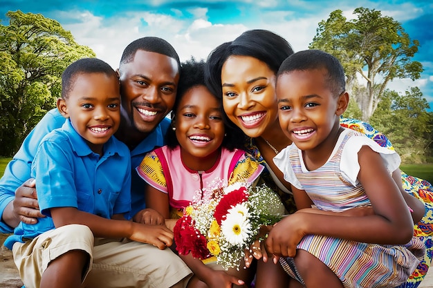 a family poses for a photo with a bouquet of flowers