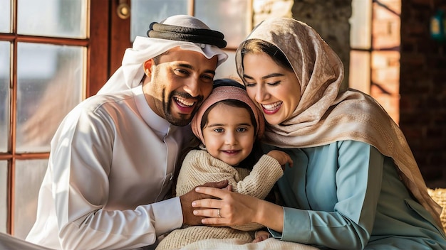 a family poses for a photo with a child