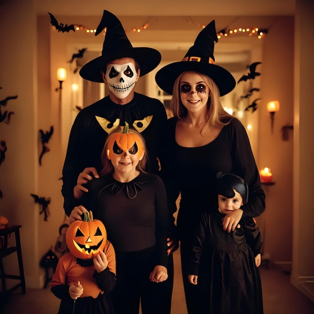 a family poses for a photo with pumpkins and bats