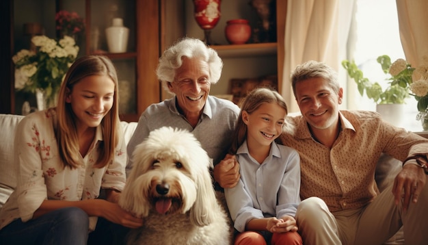 a family poses for a photo with their dog