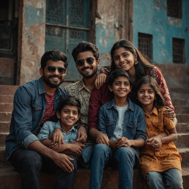 A family poses for a photo with their father and children