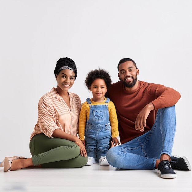 a family poses for a photo with a young child