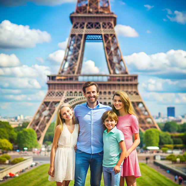 a family poses for a picture in front of the eiffel tower