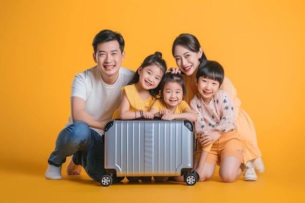 a family poses for a picture with a suitcase