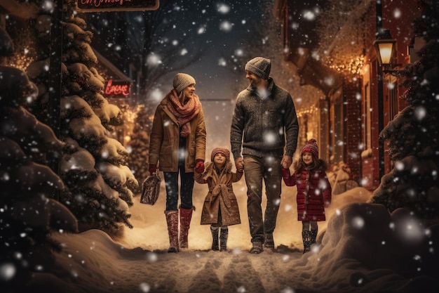 A family poses together in the snow smiling happily in front of a beautifully adorned Christmas tree A small family enjoying a winter wonderland AI Generated