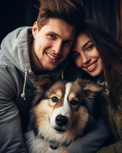 A family posing happily inside the house with their dog