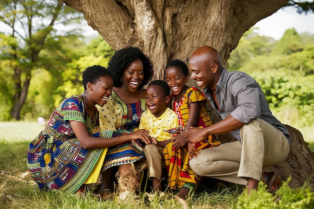 a family posing for a photo under a tree