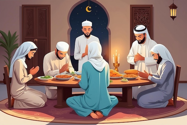 Family Prayer Before Iftar Ramadan Season Cartoon