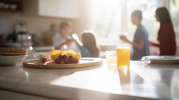 A family preparing breakfast in absolute a photo focused on the table