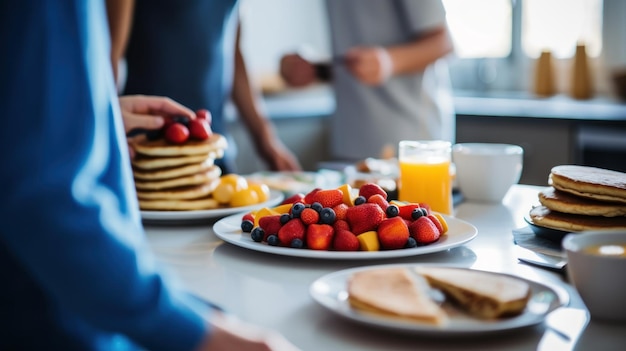 A family preparing breakfast in absolute a photo focused on the table