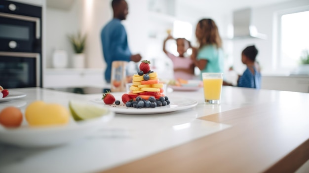 A family preparing breakfast in absolute a photo focused on the table