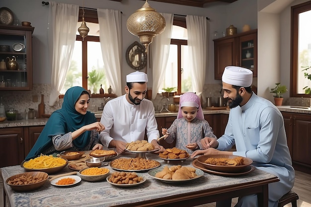 Family preparing eid alfitr together at home