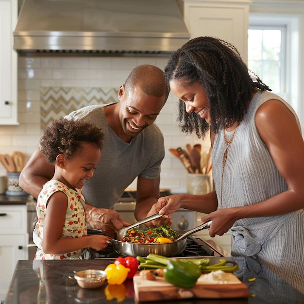 a family preparing food in a kitchen with a little girl cooking