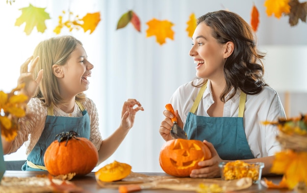 Family preparing for Halloween