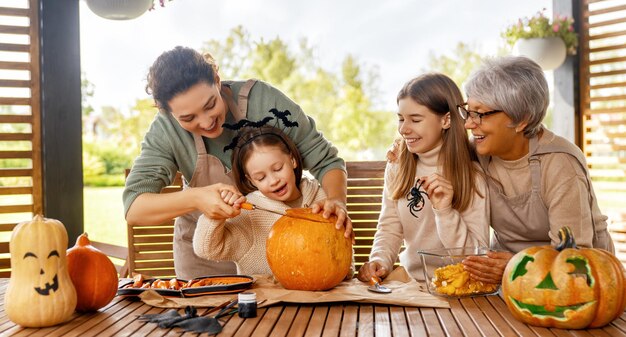 Family preparing for Halloween