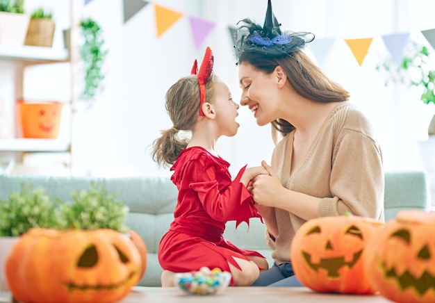 Family preparing for Halloween