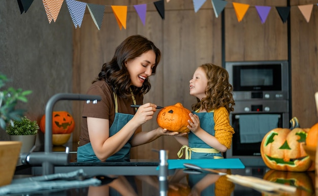 Family preparing for Halloween