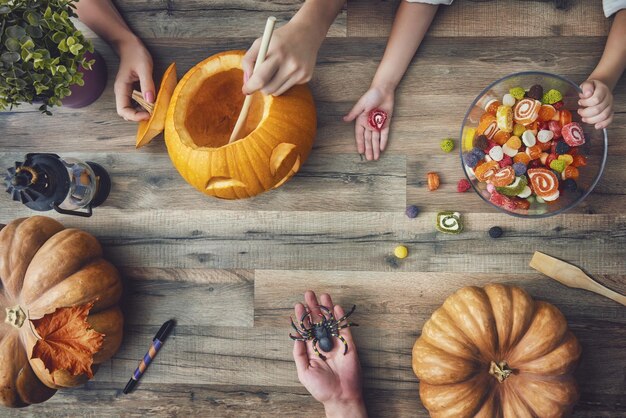 Family preparing for Halloween