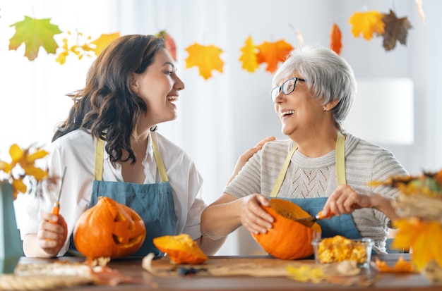 Family preparing for Halloween