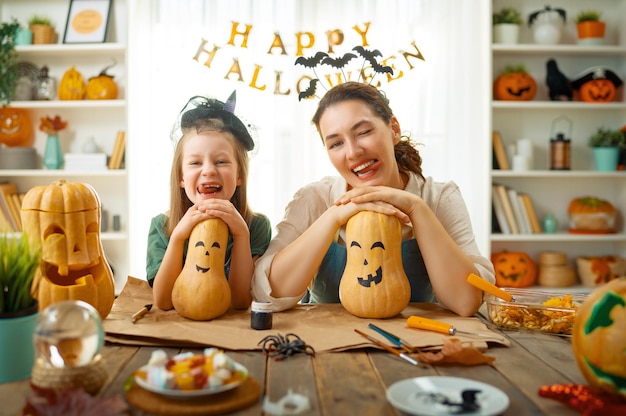 Family preparing for Halloween