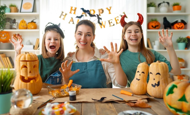 Family preparing for Halloween