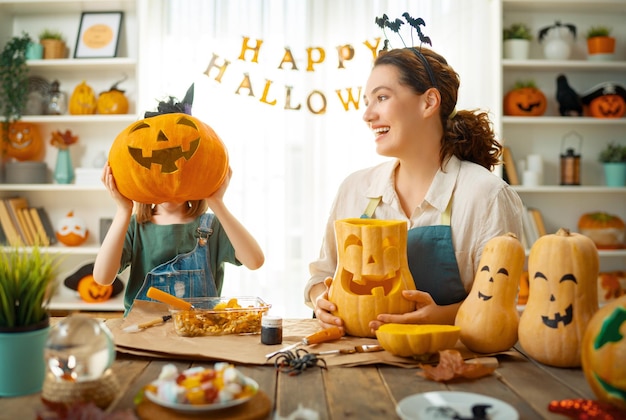 Family preparing for Halloween