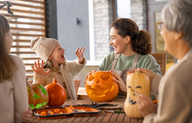 Family preparing for Halloween