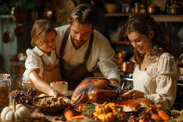 Photo a family preparing a turkey for thanksgiving dinner