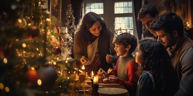 A family putting lights on a Christmas tree Generative AI