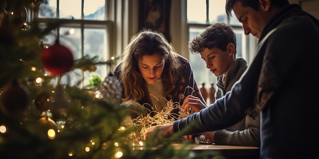 A family putting lights on a Christmas tree Generative AI