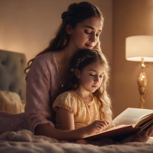 Family reading bedtime pretty young mother reading a book to her daughter