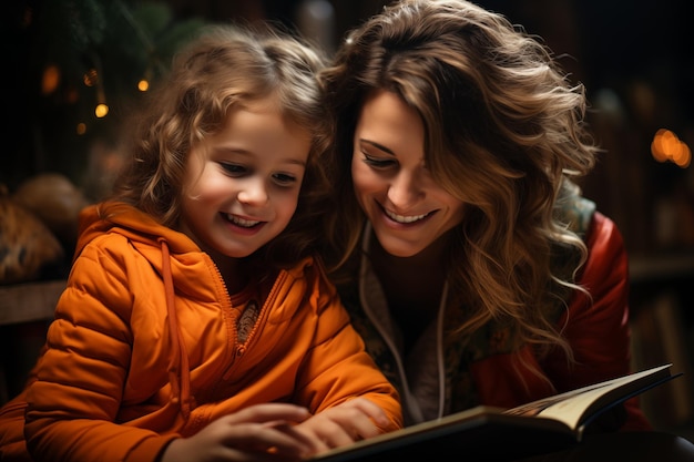 Family reading a book together warm tones blurred background