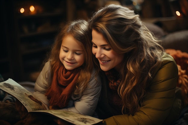 Family reading a book together warm tones blurred background