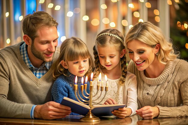 Photo a family reading a book with a lit candle in the background