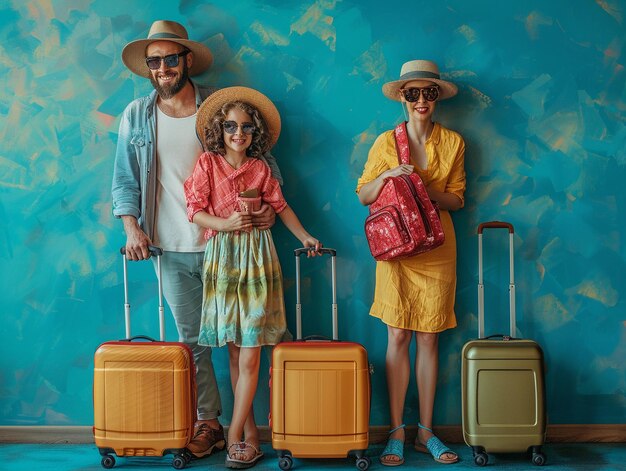 Photo family ready for summer vacation with luggage and stylish outfits