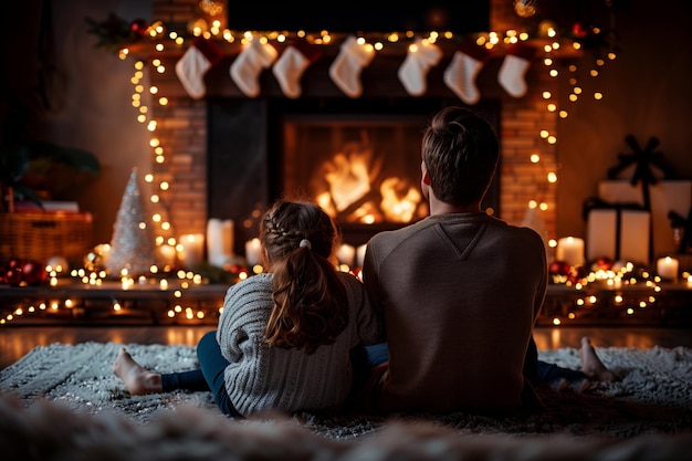 Family relaxing by fireplace on christmas eve