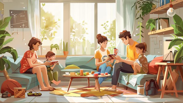 Family relaxing at home A mother is reading a book to her son the father is with toys