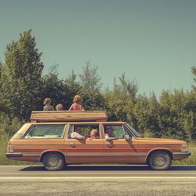 Photo family road trip in a vintage 1980s station wagon