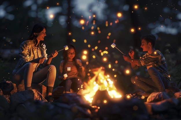 Family roasting marshmallows over a bonfire