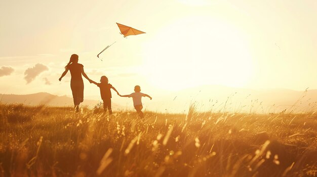 family running through field letting kite fly Generative AI