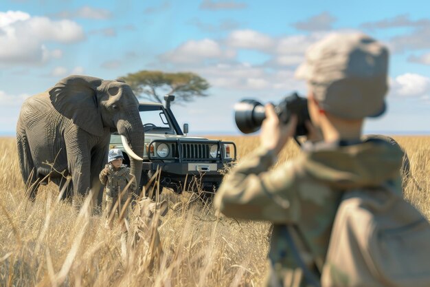 Photo family safari adventure observing wildlife in the african savannah