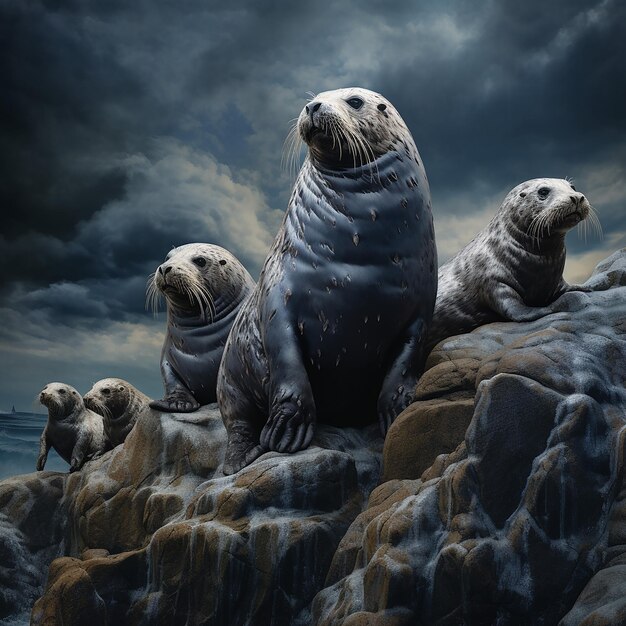 A family of seals came to the rock for protection from the storm